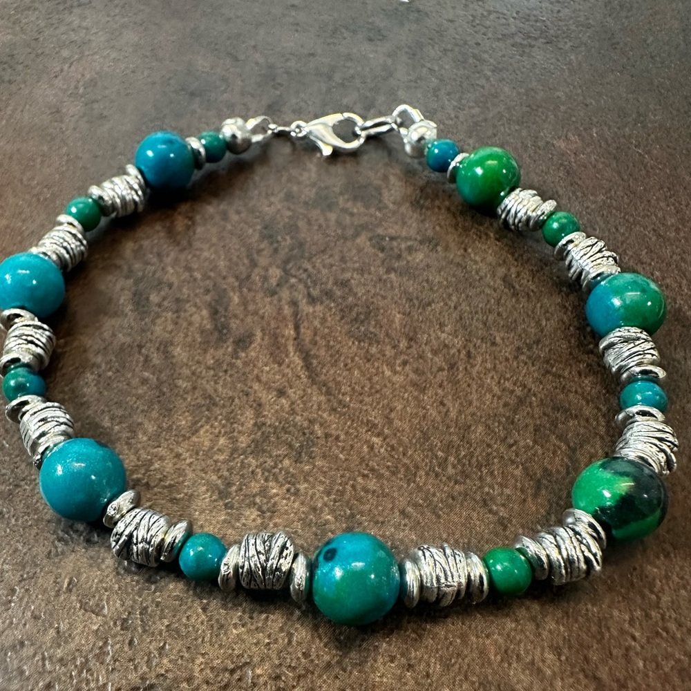 Blue Chrysocolla and Silver Beaded Bracelet